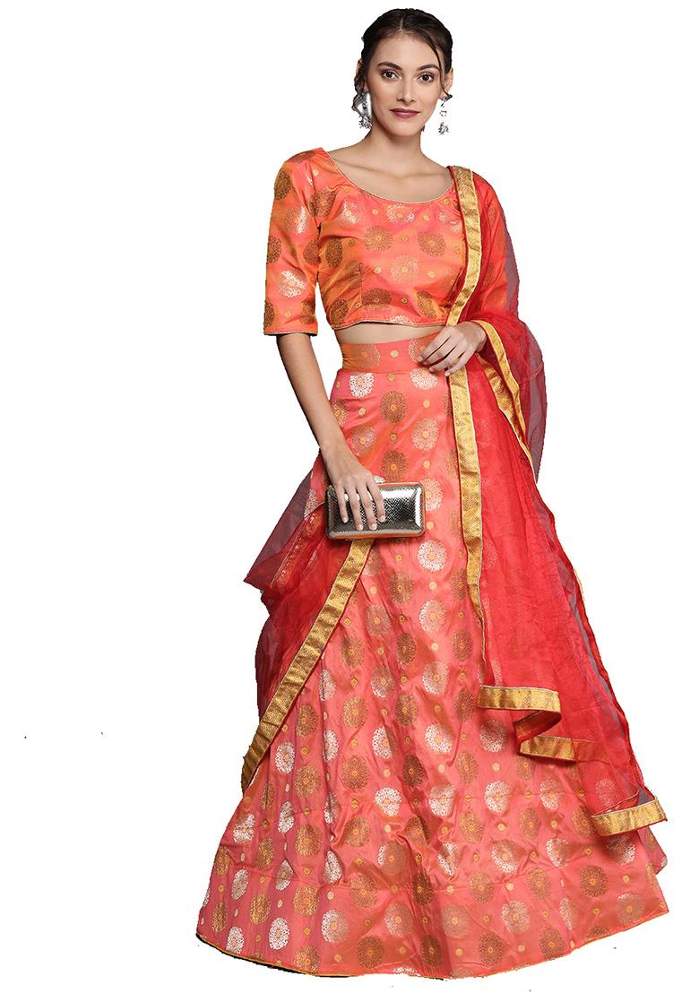 Orange Woven Banarasi Silk Lehenga Set - Indya