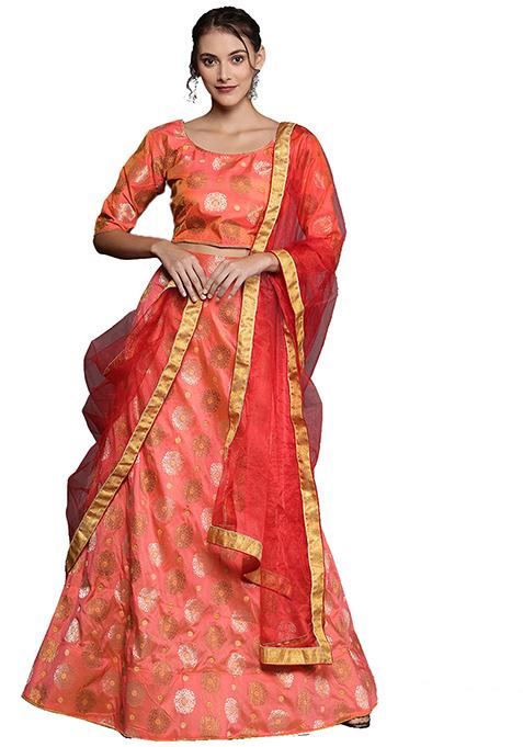 Orange Woven Banarasi Silk Lehenga Set