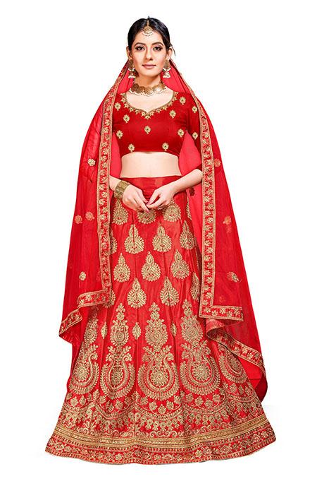 Red Embroidered Silk Lehenga Set