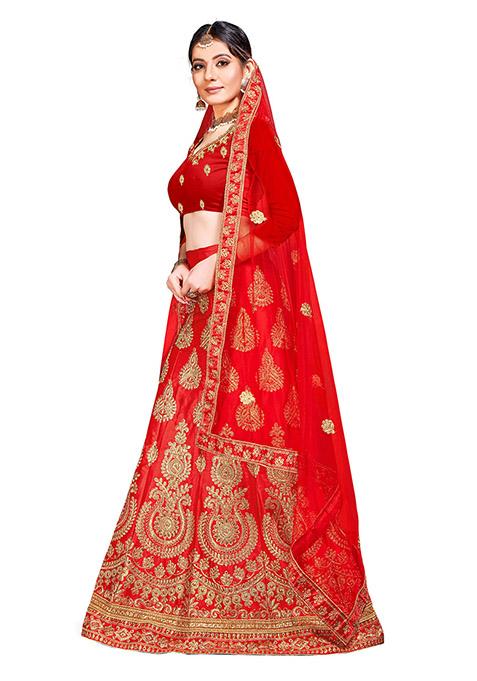 Red Embroidered Silk Lehenga Set