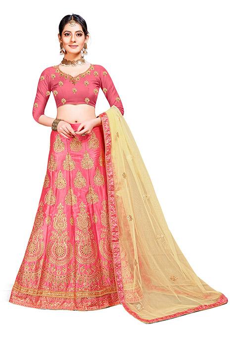 Pink Embroidered Silk Lehenga Set