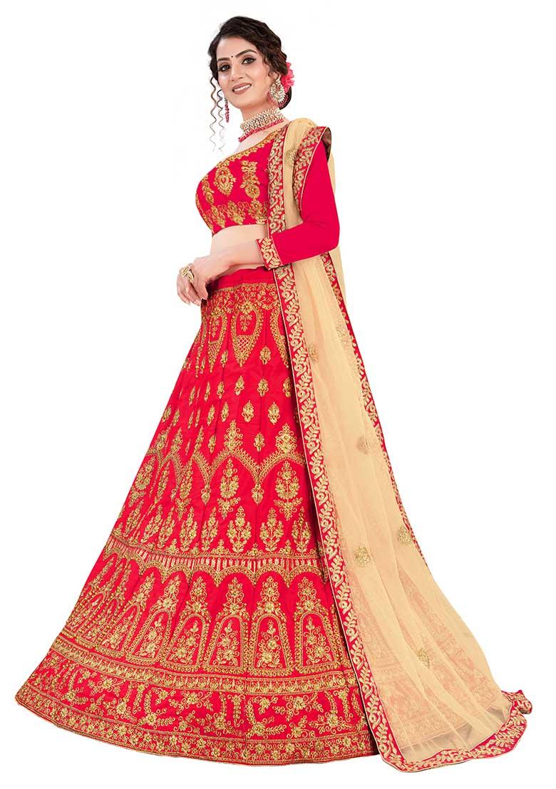 Red Embroidered Satin Silk Lehenga Set