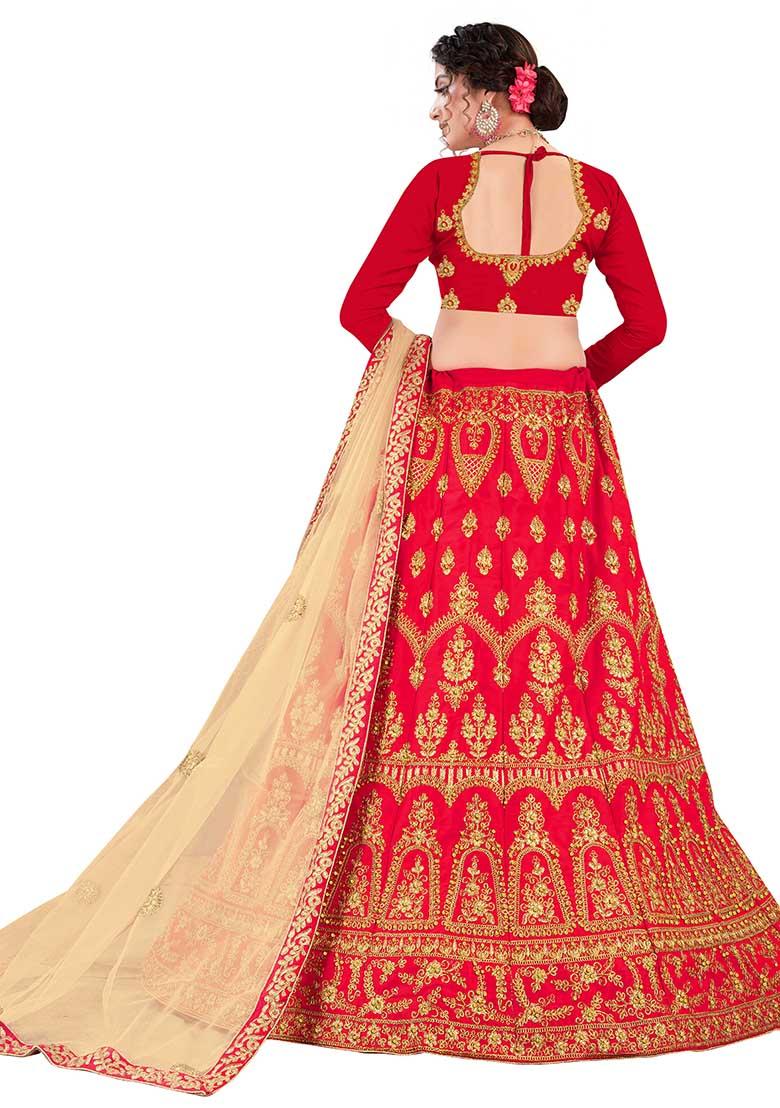 Red Embroidered Satin Silk Lehenga Set