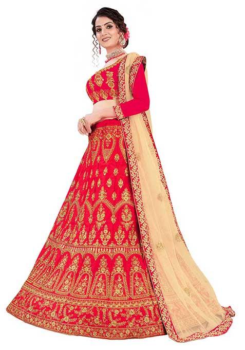 Red Embroidered Satin Silk Lehenga Set