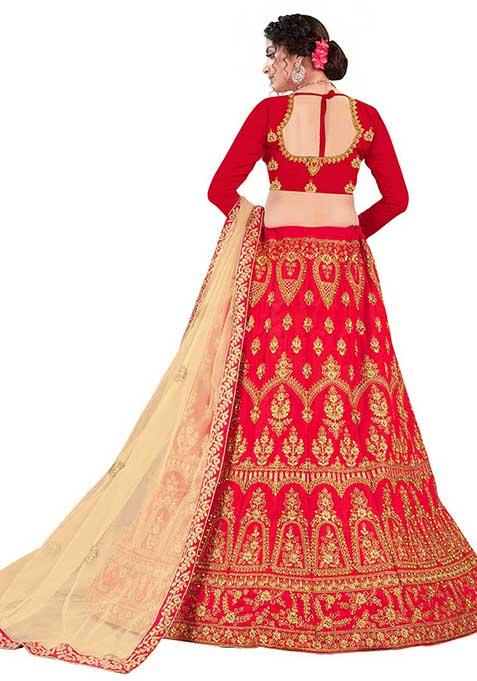 Red Embroidered Satin Silk Lehenga Set