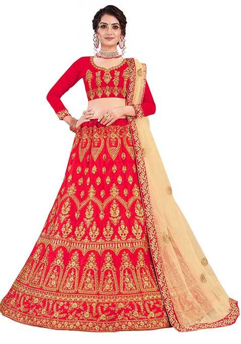 Red Embroidered Satin Silk Lehenga Set