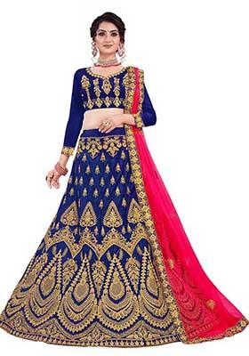 Blue Embroidered Satin Silk Lehenga Set