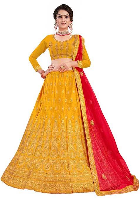 Mustard Embroidered Satin Silk Lehenga Set