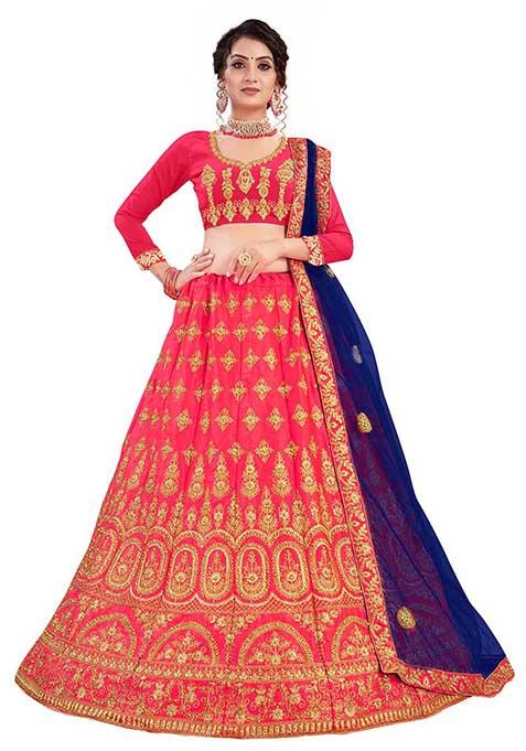 Pink Embroidered Satin Silk Lehenga Set