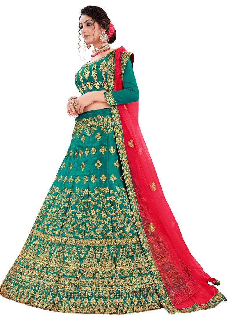 Green Embroidered Satin Silk Lehenga Set