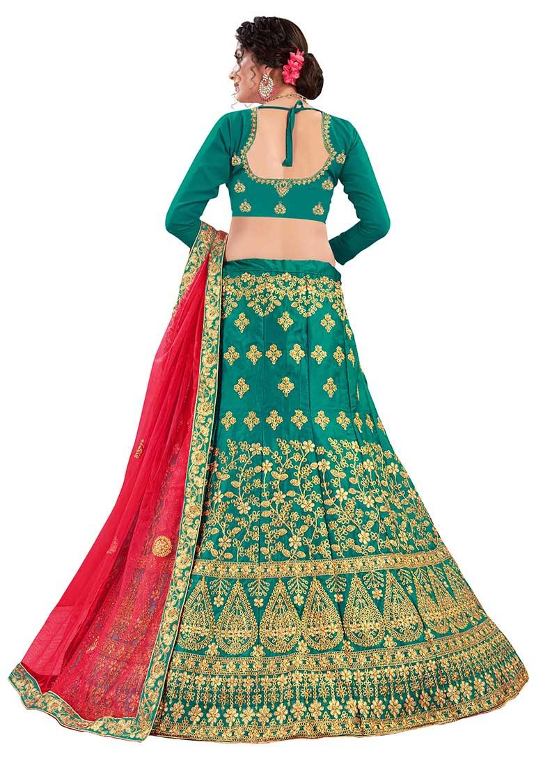 Green Embroidered Satin Silk Lehenga Set