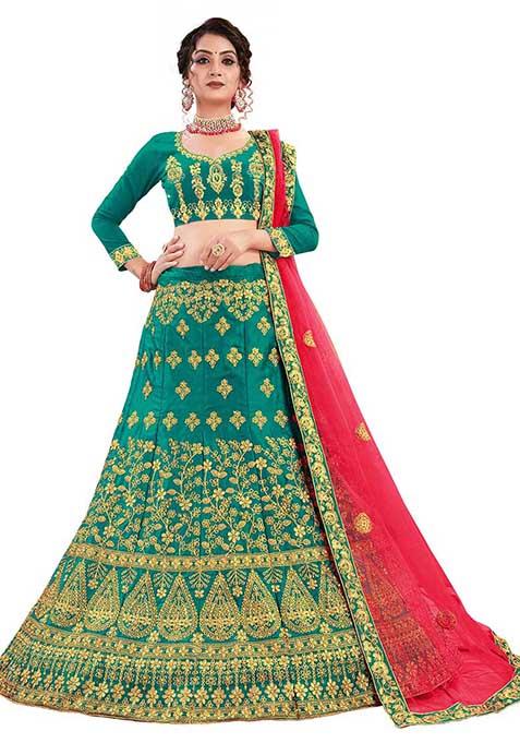 Green Embroidered Satin Silk Lehenga Set