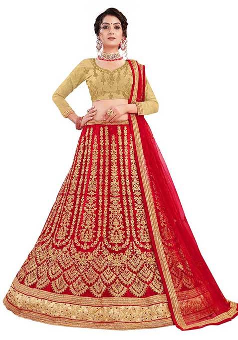 Red Embroidered Net Lehenga Set