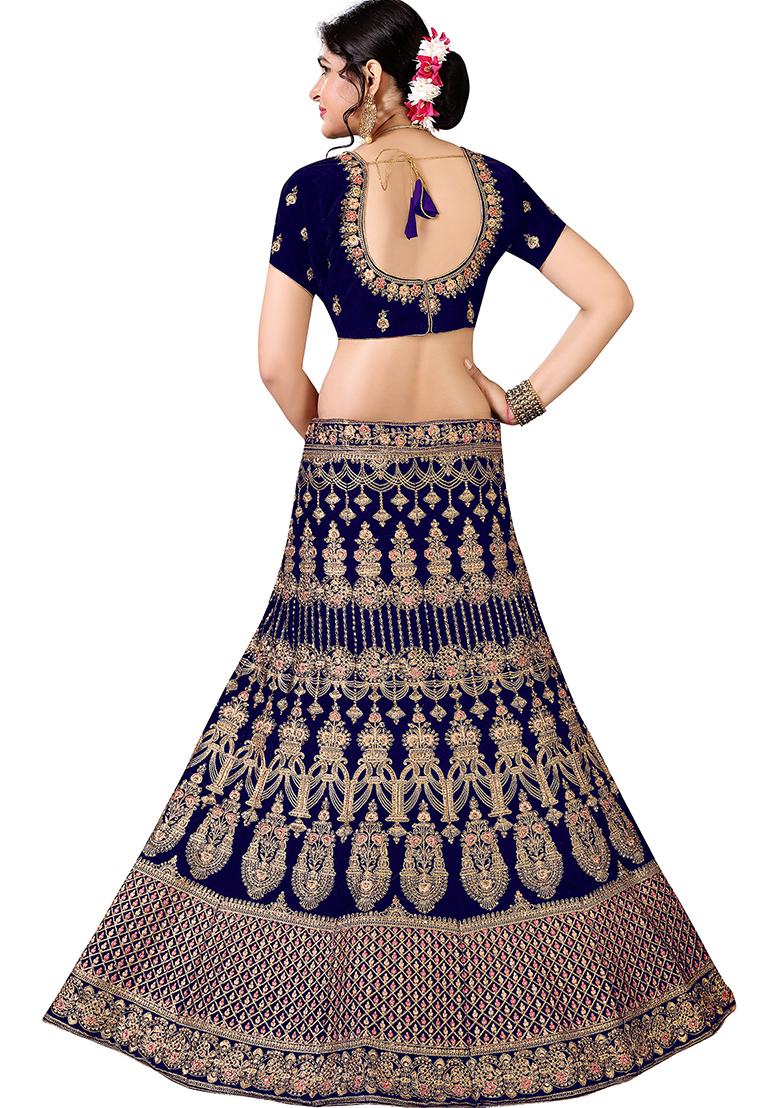 Blue Embroidered Velvet Lehenga Set - Indya