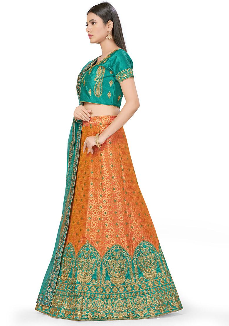 Peach And Rama Green Embroidered Banarasi Silk Lehenga Set