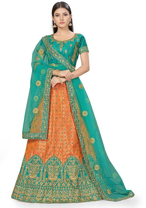 Peach And Rama Green Embroidered Banarasi Silk Lehenga Set