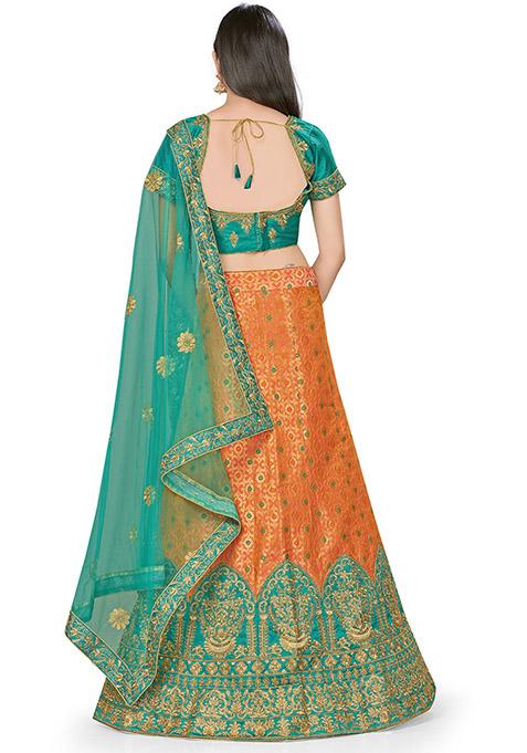 Peach And Rama Green Embroidered Banarasi Silk Lehenga Set