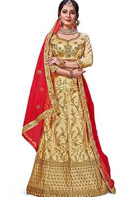 Beige Embroidered Satin Silk Lehenga Set