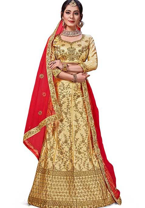 Beige Embroidered Satin Silk Lehenga Set