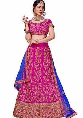 Pink Embroidered Satin Silk Lehenga Set