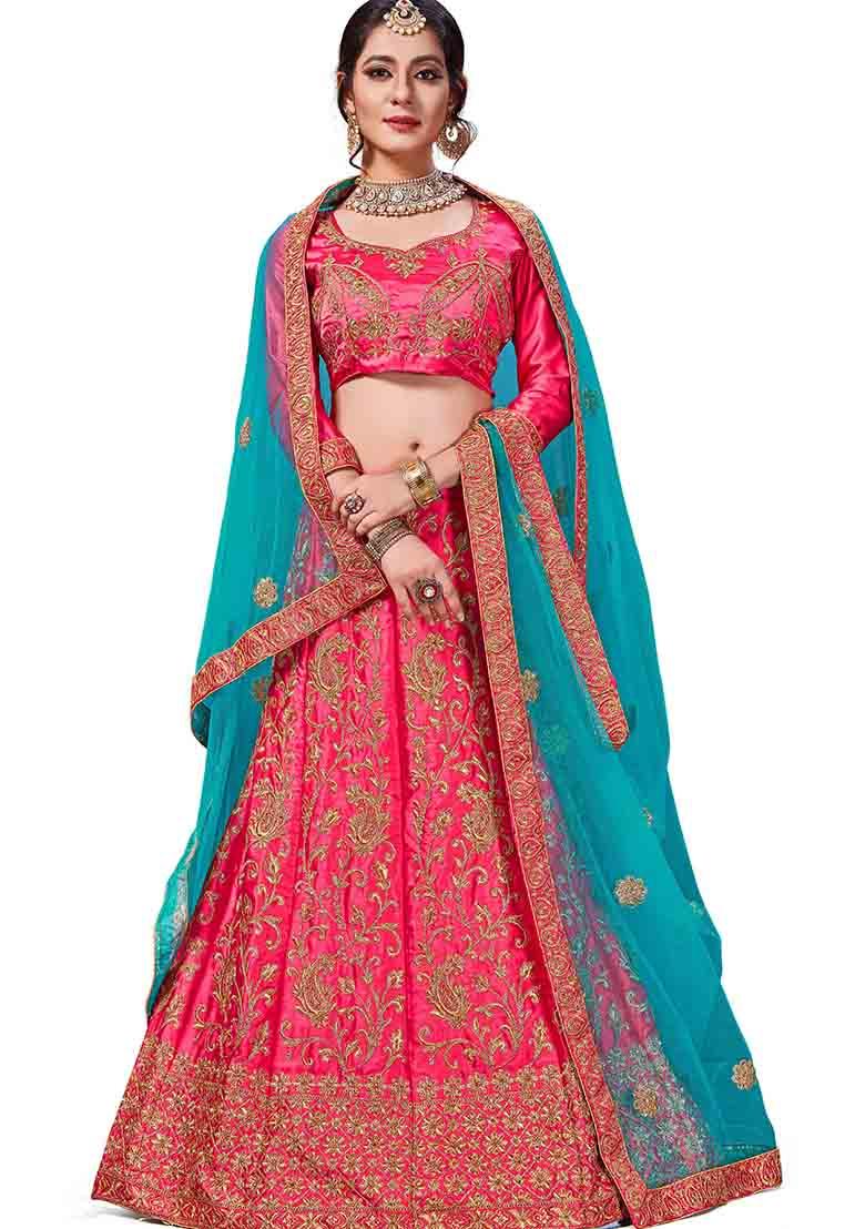 Pink Embroidered Satin Silk Lehenga Set