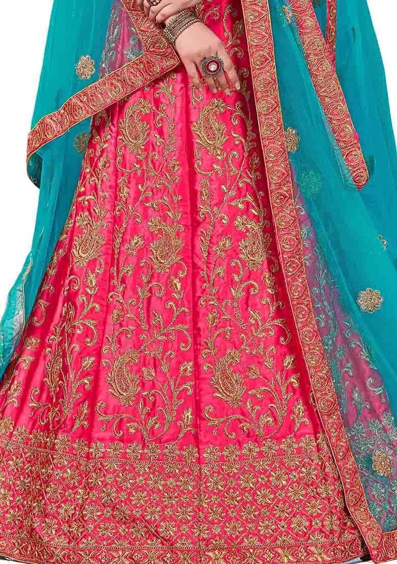 Pink Embroidered Satin Silk Lehenga Set