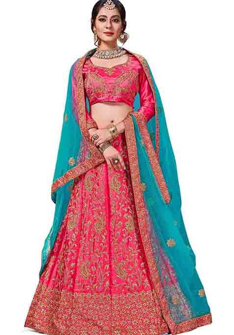 Pink Embroidered Satin Silk Lehenga Set