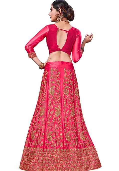 Pink Embroidered Satin Silk Lehenga Set