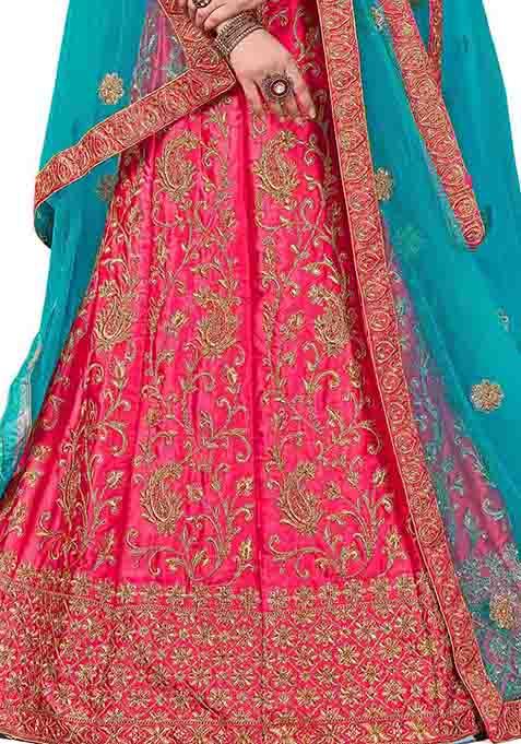 Pink Embroidered Satin Silk Lehenga Set