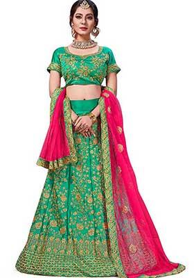 Green Embroidered Satin Silk Lehenga Set