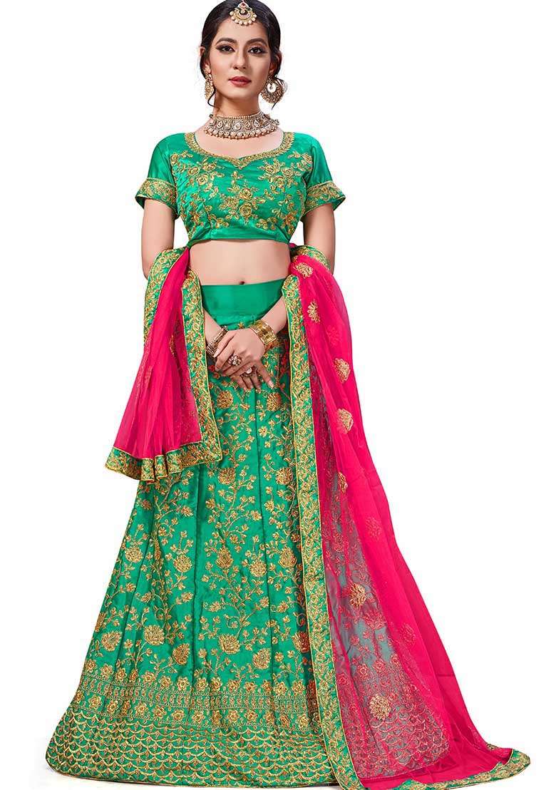Green Embroidered Satin Silk Blend Lehenga Set for Diwali and Festive Wear - Indya