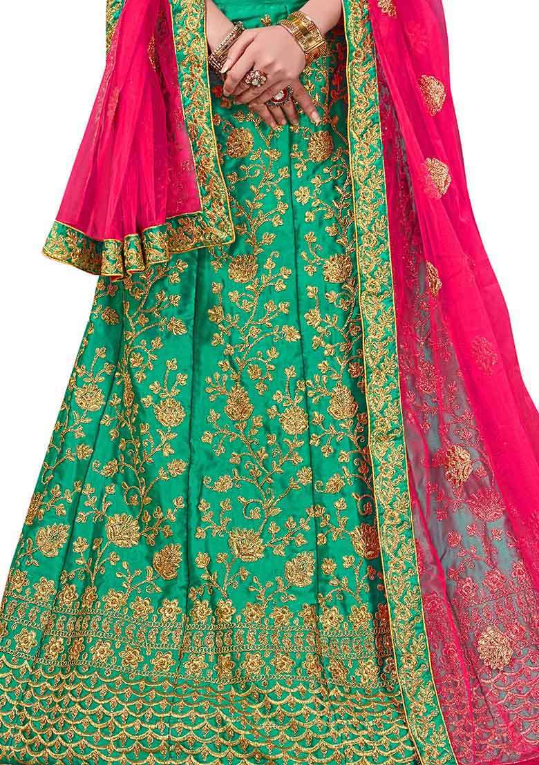 Green Embroidered Satin Silk Blend Lehenga Set for Diwali and Festive Wear - Indya