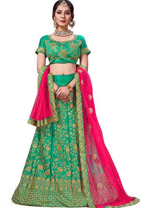 Green Embroidered Satin Silk Lehenga Set