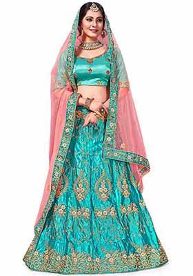 Blue Embroidered Satin Silk Lehenga Set