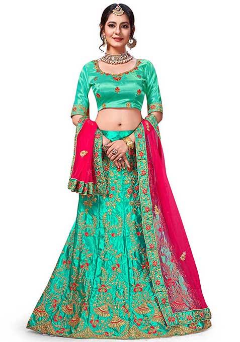 Green Embroidered Satin Silk Lehenga Set