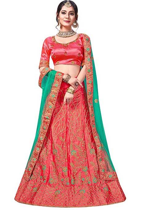 Pink Embroidered Satin Silk Lehenga Set