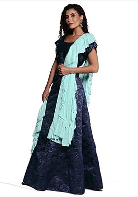 Navy Blue Woven Silk Blend Jacquard Lehenga Set