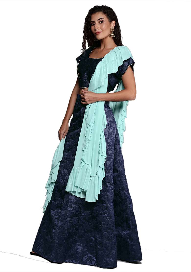 Navy Blue Woven Jacquard Silk Blend Lehenga Set for Diwali | Wedding & Festive Wear - Indya