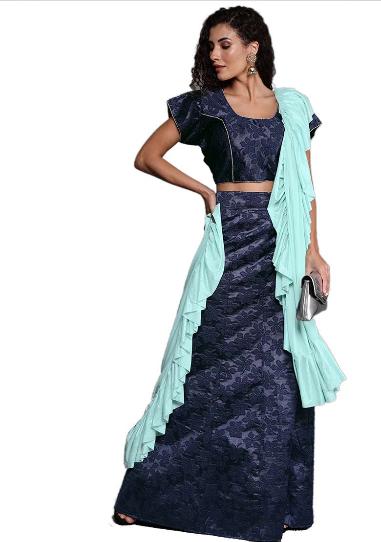Navy Blue Woven Jacquard Silk Blend Lehenga Set for Diwali | Wedding & Festive Wear - Indya