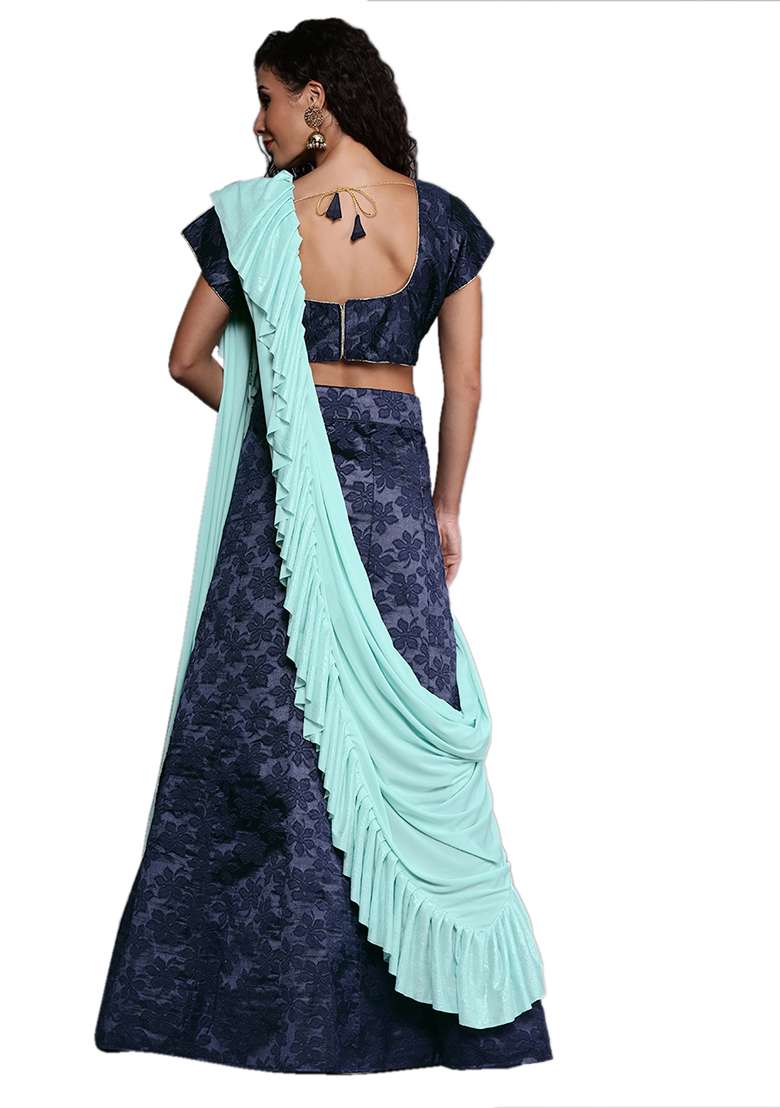 Navy Blue Woven Jacquard Silk Blend Lehenga Set for Diwali | Wedding & Festive Wear - Indya