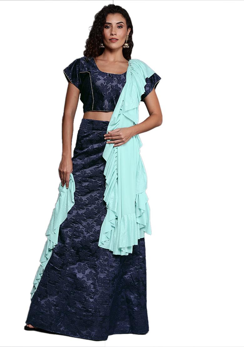 Navy Blue Woven Silk Jacquard Lehenga Set - Indya