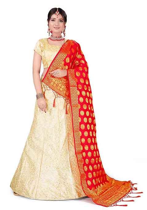 Beige Woven Jacquard Silk Lehenga Set