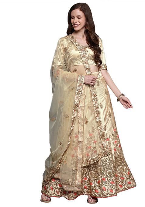 Beige Embroidered Silk Lehenga Set