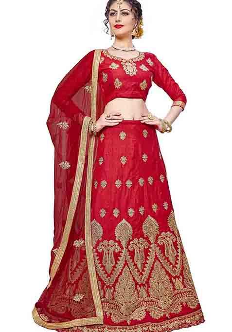 Red Embroidered Silk Lehenga Set