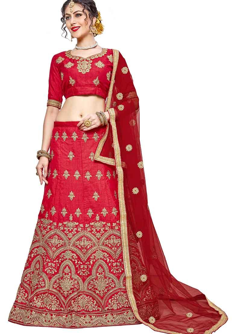 Light Red Embroidered Silk Lehenga Set