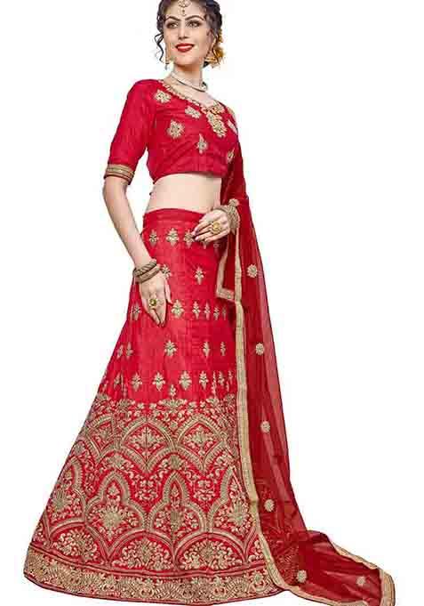 Light Red Embroidered Silk Lehenga Set