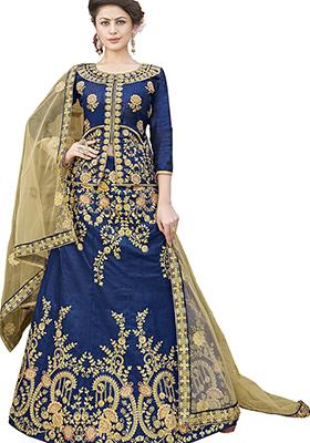 Blue Embroidered Silk Lehenga Set