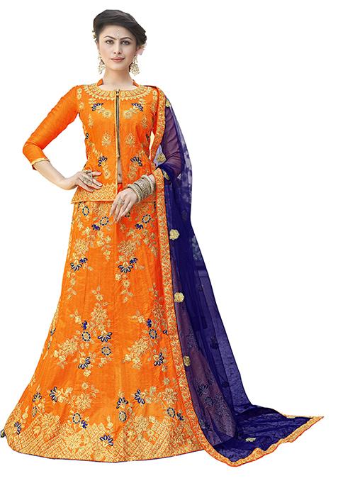 Orange Embroidered Silk Lehenga Set