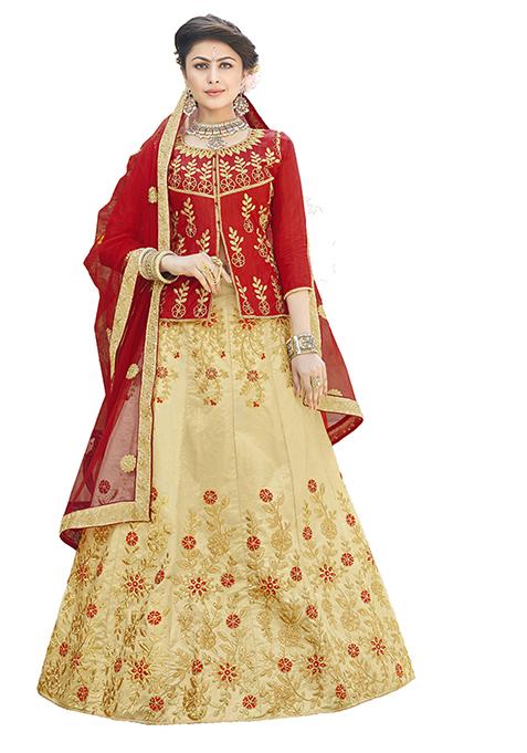 Beige Embroidered Silk Lehenga Set