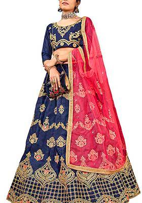 Blue Embroidered Bangalori Silk Lehenga Set